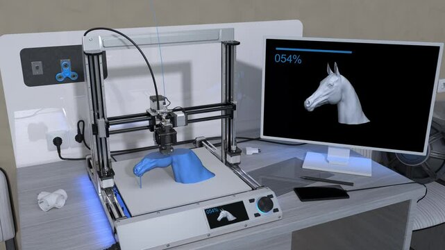 Animation of the 3D printing process of an object: a bust of a horse's head. Concept of modern three-dimensional printing technologies. 3D render. Time lapse.