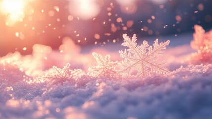 Sparkling snowflakes lit by a golden sunset, creating a serene winter wonderland of tranquil beauty and peace.