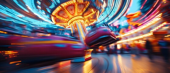 Glowing carnival lights at night capturing the energy excitement and vibrancy of a lively and festive The long exposure blur creates a sense of motion and energy