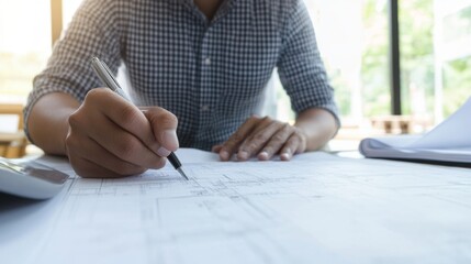 Naklejka premium Close up of civil male engineer asian working on blueprint architectural project at construction site at desk in office