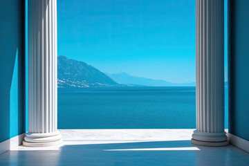 Fototapeta premium Stylish columns framing a stunning blue ocean view.