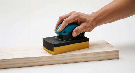 Hand drawing clipart of a sanding block smoothing wood on plain white background