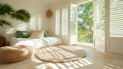 An inviting bright room with open shutters leading to nature, a bed with green pillows, and woven round decor that enhances a fresh, relaxing environment.