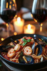 Pasta with seafood in tomato sauce, and shrimp and clams. AI generative.