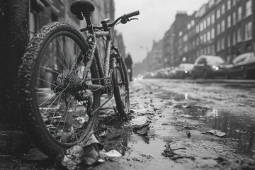 Obraz premium Bicycle in a Wet City Street