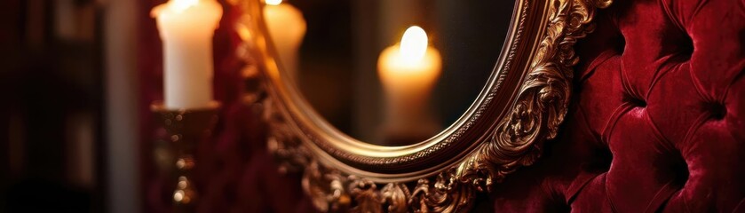 Gilded mirror reflecting soft candlelight against deep burgundy velvet, a classic luxury background