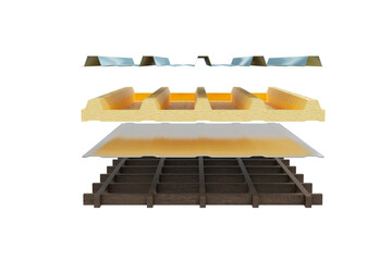 A cross-section of a metal roof system, showing layers of corrugated metal, insulation, vapor barrier, and wooden framing isolated on white background. 3d render.