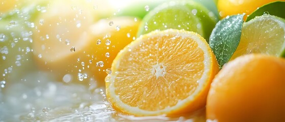 Juicy citrus fruits like oranges lemons and limes being sliced open with droplets of juice spraying outwards in a bright fresh and vibrant photography concept  The image has a clean