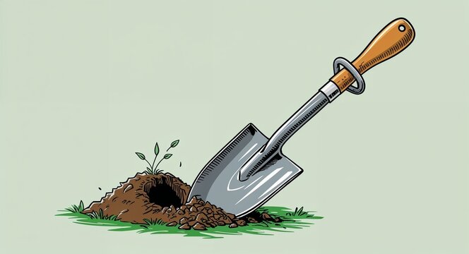 recommend clip art: Hand drawing clipart of a shovel digging hole in garden on plain white background