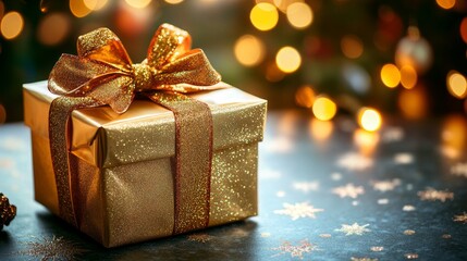 Christmas box on table with blurred tree and golden festive bokeh light background