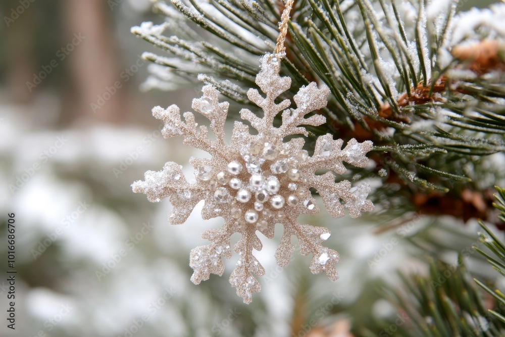 Sticker Christmas holiday background with falling snow on pine tree branches.