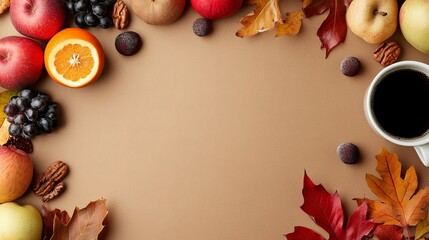 An autumn flat lay composition of a cup of tea with autumn dry leaves, roses flowers, an orange circle, cones, decorative pomegranates, cinnamon sticks on a brown background.