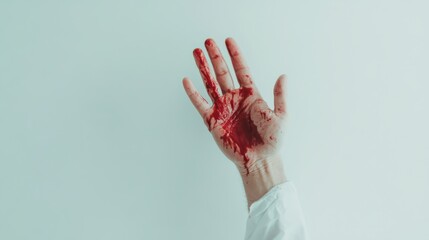 An open palm covered in blood stretches forward against a soft light background, evoking emotions of vulnerability and urgency in a minimalist setting.
