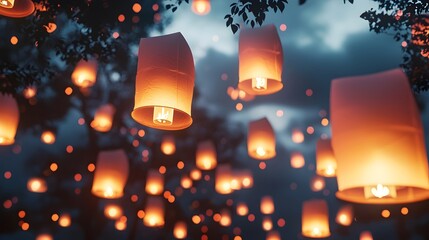 Ethereal Glowing Lanterns Floating in the Evening Sky with Soft Luminous Halos during Cultural