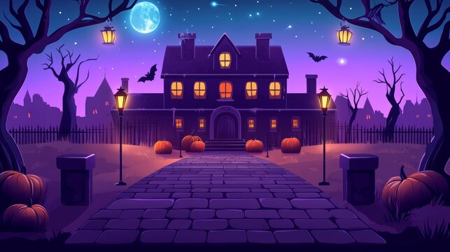 The spookiness and the darkness of the Halloween night forest make this a very scary setting for Halloween banners. Halloween background with pumpkins and haunted house - 3D render. Halloween
