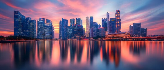 Obraz premium Breathtaking urban skyline with glowing skyscrapers reflecting on a calm river at the enchanting hour of dusk showcasing the serene and modern beauty of a thriving metropolis