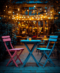 a bar counter with dim but colorful lights. AI generative.