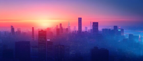 Fototapeta premium Glowing outline of a city skyline at dusk capturing the transition from day to night with the urban landscape illuminating and dynamically coming to life