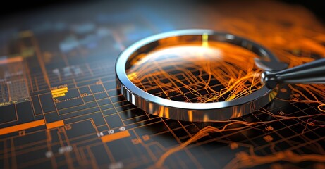 Magnifying glass focused on a circuit board with glowing connections