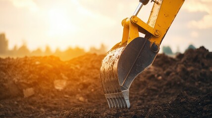 A close-up of a yellow excavator scoop digging into soil, illuminated by warm sunlight during a construction or excavation project.