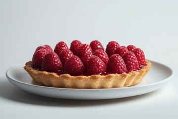 food photography, raspberry tart beautifully presented on a white porcelain plate, against a pristine backdrop, where simplicity meets elegance