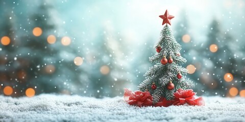 Fototapeta premium A charming Christmas tree adorned with red ornaments and a star on top, set against a snowy background. The soft glow of lights creates a warm atmosphere while gentle snowflakes fall, enhancing the ho