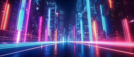 Mesmerizing Neon Illuminated Cityscape with Glowing Skyscrapers and Pulsating Nightlife in a Futuristic Metropolis