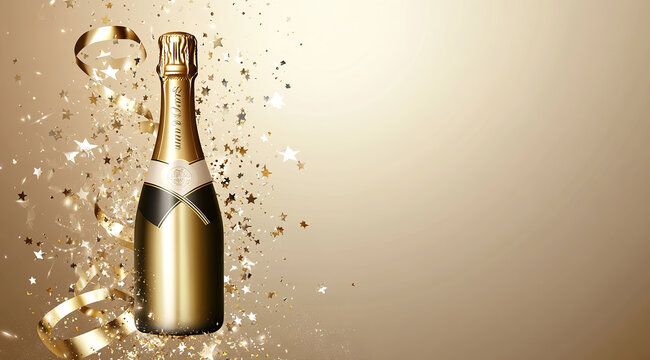 Golden champagne bottle with sparkling confetti on a beige background