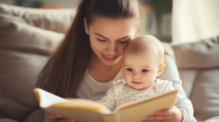 Obraz premium Young mother reading a book to her baby. Both look focused and happy in the comfort of their own home.