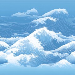 Serene Cyan Ocean Waves on Blue Background with White Accents in Motion, Seamless Pattern