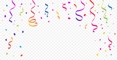 Many Falling Colorful Tiny Confetti And Ribbon On Transparent Background. Celebration Banner. Happy Birthday Wallpaper. Event and Party. Multicolored. Vector Illustration