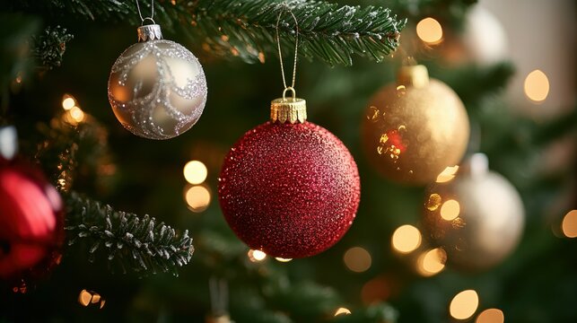 A close-up of sparkling red, gold, and silver ornaments hanging delicately from green branches of a festively decorated Christmas tree. Soft glow from string lights adds warmth. Ample copy space