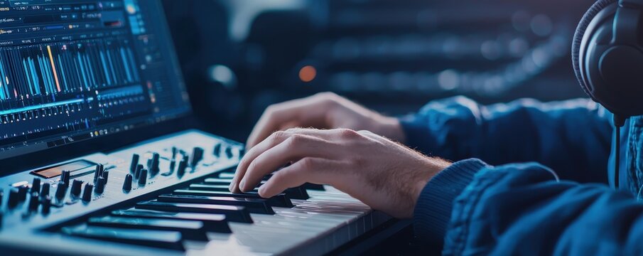 A musician composes music using a keyboard while immersed in a creative studio environment, focused on electronic sound design.