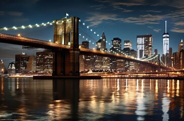 Fototapeta premium New York City skyline illuminated at night with the Brooklyn Bridge shining