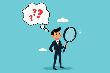 Smart businessman holding magnifying glass looking for business question