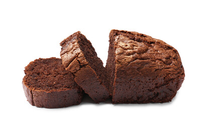 Delicious cut chocolate sponge cake isolated on white