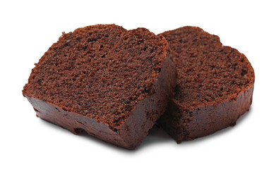 Slices of delicious chocolate sponge cake isolated on white