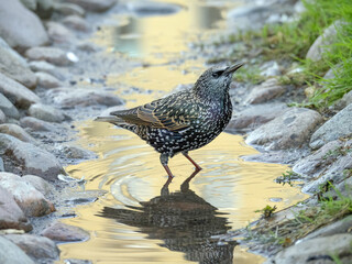 Starling bathing in a creek. Close-up