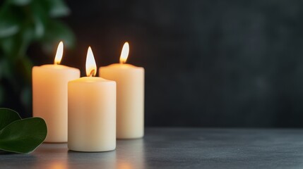 Three lit candles on a table create a warm, inviting atmosphere, complemented by soft lighting and greenery in the background.