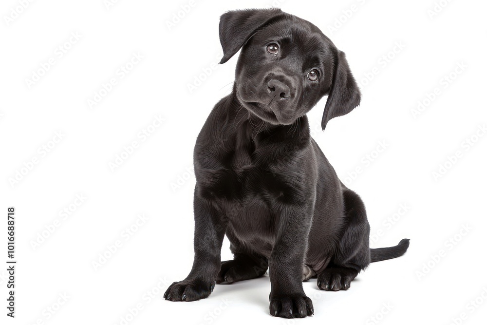 Wall mural Black baby Labrador sits and listens with his head tilted straight animal mammal puppy.