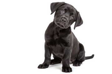Black baby Labrador sits and listens with his head tilted straight animal mammal puppy.