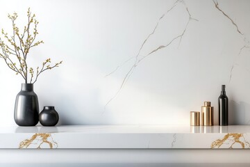Polished marble surface with golden veins, reflecting soft light for a high-end luxury feel
