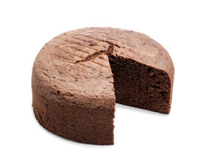 Cut chocolate sponge cake isolated on white