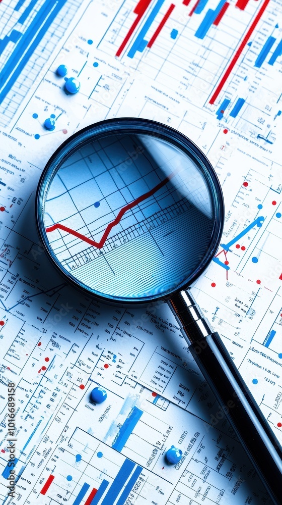 Poster close-up of a magnifying glass focusing on a red rising trend line on a stock market chart with fina
