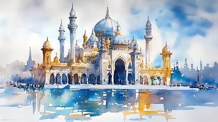 Obraz premium Watercolor Painting of a Grand Mosque with Reflection in Water