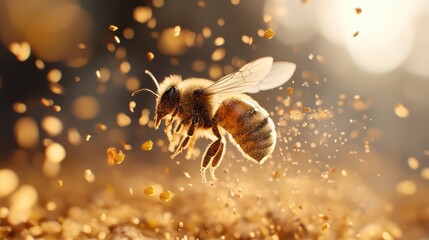 Fototapeta premium A mesmerizing shot of a bee in mid-air surrounded by pollen particles, beautifully illuminated by warm sunlight, highlighting the intricate details of its wings.