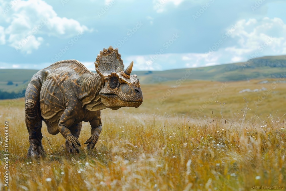 Poster A dinosaur grassland outdoors reptile.