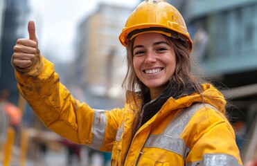 Happy Female Construction Worker Thumbs Up at Work Site