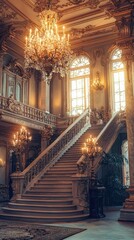 Fototapeta premium Elegant interior featuring a grand staircase adorned with chandeliers and large windows, showcasing opulence and timeless beauty.