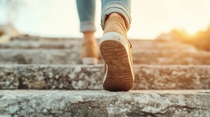 A person in vibrant yellow boots climbs ancient stone steps during dawn, conveying feelings of exploration and determination against a peaceful morning backdrop.
